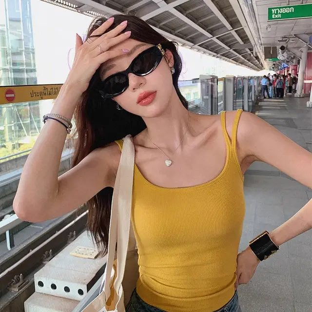Retro Underwear U Collar Beautiful Back Outer Wear Sleeveless Vest Top Yellow - Shop at LoveMi