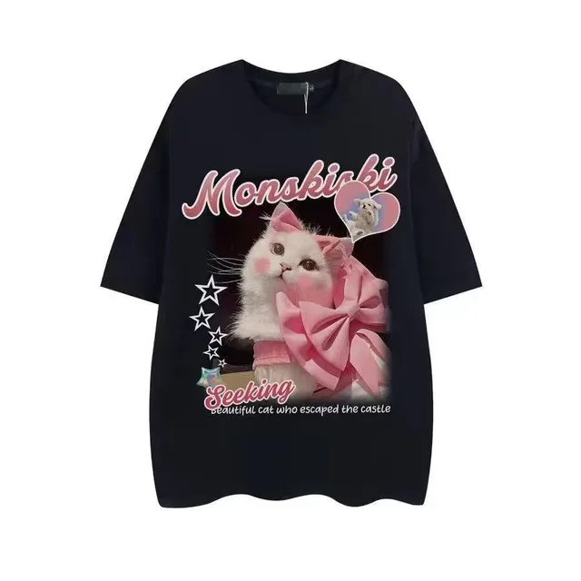 American Creative Loves And Cats Printed Loose Short Sleeve T shirt Black - Shop at LoveMi