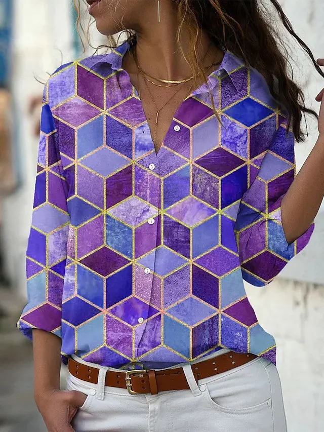 3D Printed Leisure Vacation Geometric Pattern Women's Long sleeved Blouse 02 Style - Shop at LoveMi