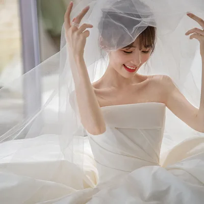 Women's Satin Tube Top Simple Elegant French Style Large Tail Elegant Wedding Dress Flat Land M - Shop at LoveMi