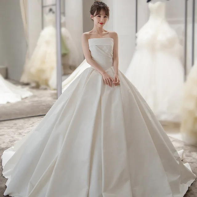 Women's Satin Tube Top Simple Elegant French Style Large Tail Elegant Wedding Dress Trailing - Shop at LoveMi