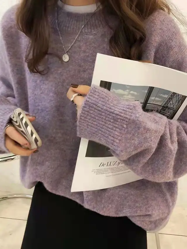 Basic Round Neck Pullover Knitted Sweater Purple - Shop at LoveMi