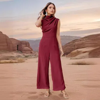Casual Sleeveless Solid Color Wide Leg Jumpsuit Dark Red - Shop at LoveMi