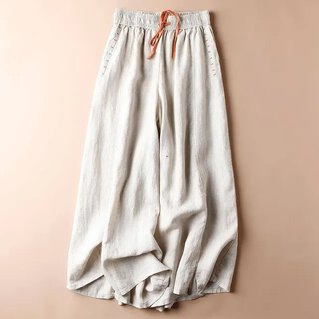 Women's Leisure Artistic Loose Big Hem Cropped Wide leg Pants Optic Linen - Shop at LoveMi