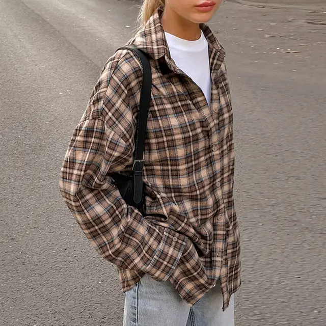 Women's Vintage Retro Plaid Shirt Khaki - Shop at LoveMi