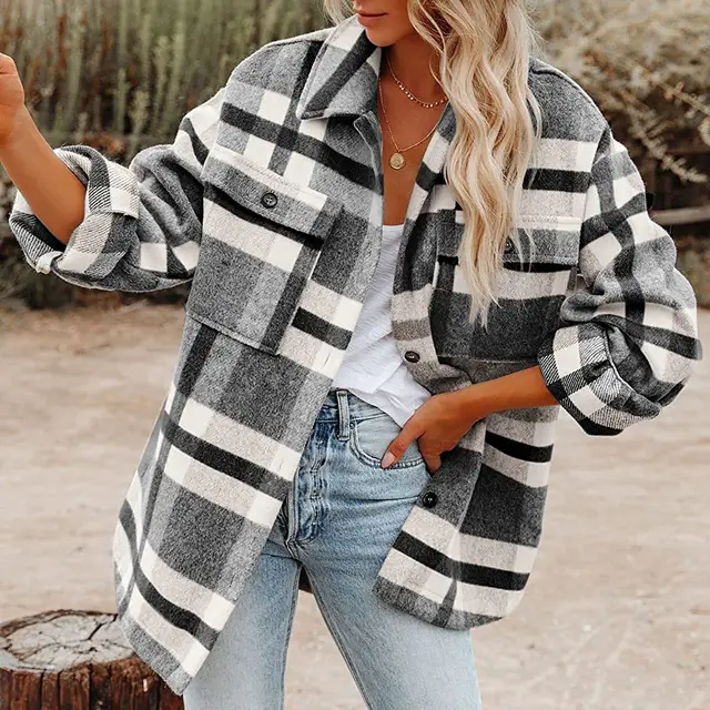Plaid Button Flannel Woolen Shirt Black And White Plaid - Shop at LoveMi
