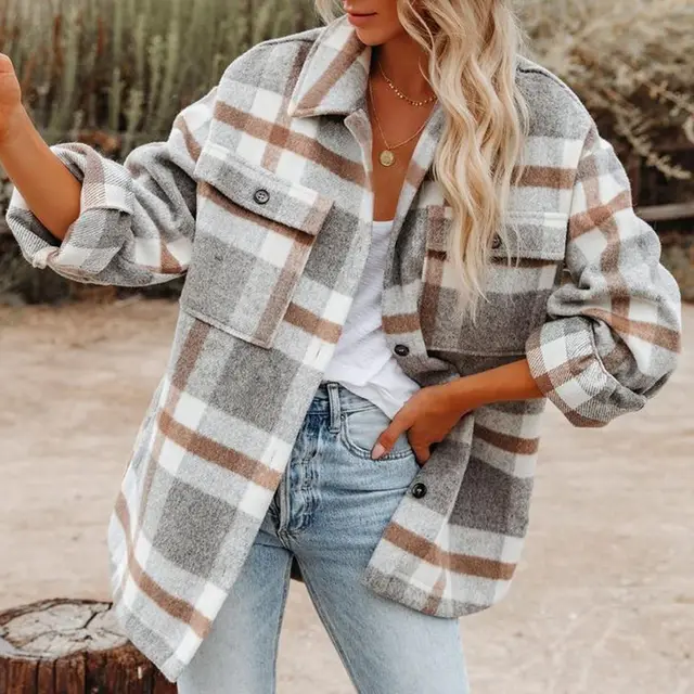 Plaid Button Flannel Woolen Shirt Light Gray - Shop at LoveMi