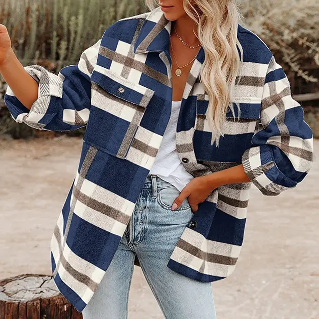 Plaid Button Flannel Woolen Shirt Navy Blue - Shop at LoveMi