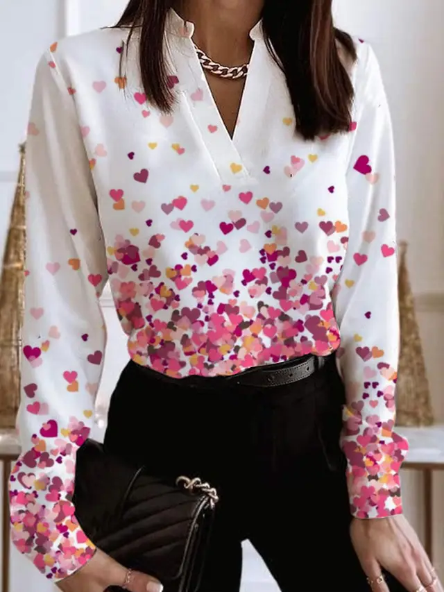 Women's Casual Long sleeved V neck Heart Printing Shirt Figure 1 - Shop at LoveMi