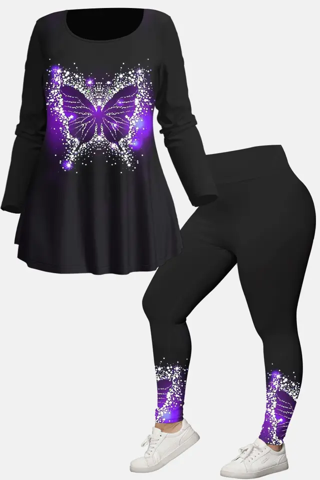 Long Sleeve Top Tights Ladies Two piece Set Purple - Shop at LoveMi