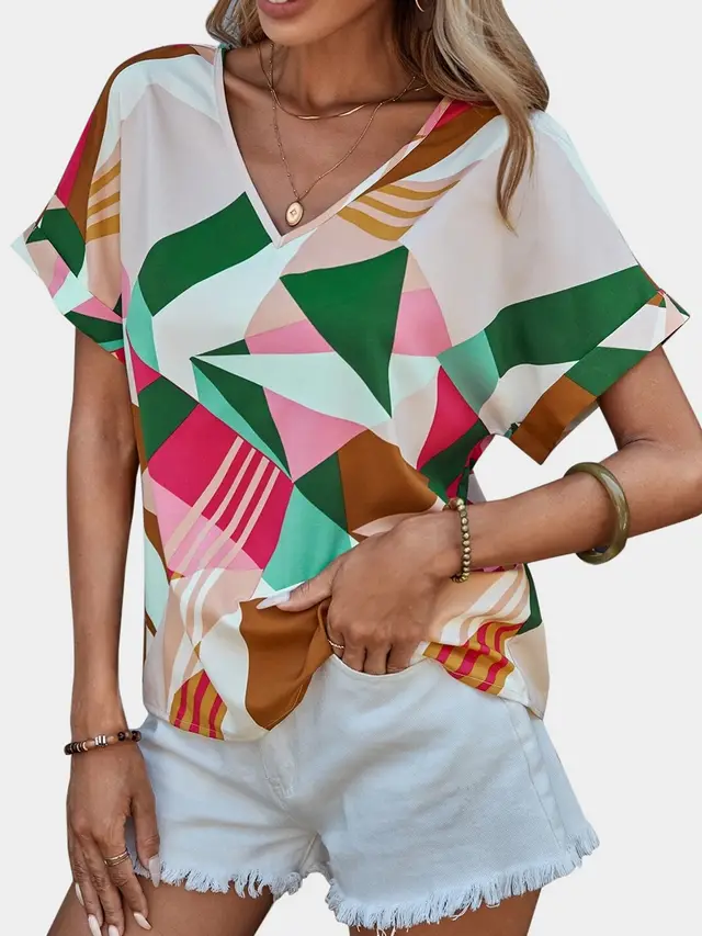 Women's Clothing Printed V neck Top Flower Color 2 - Shop at LoveMi