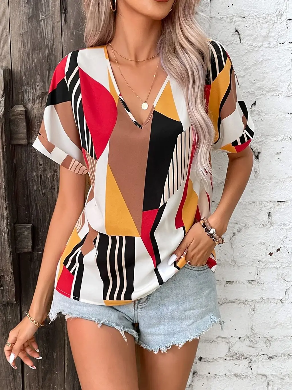 Women's Clothing Printed V-neck Top - Red