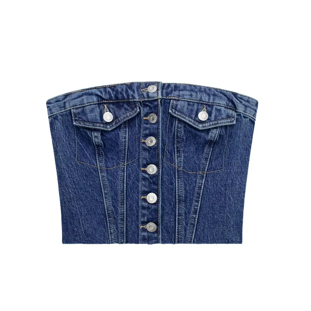 Women's Tube Top Button Denim Vest - Dark Blue
