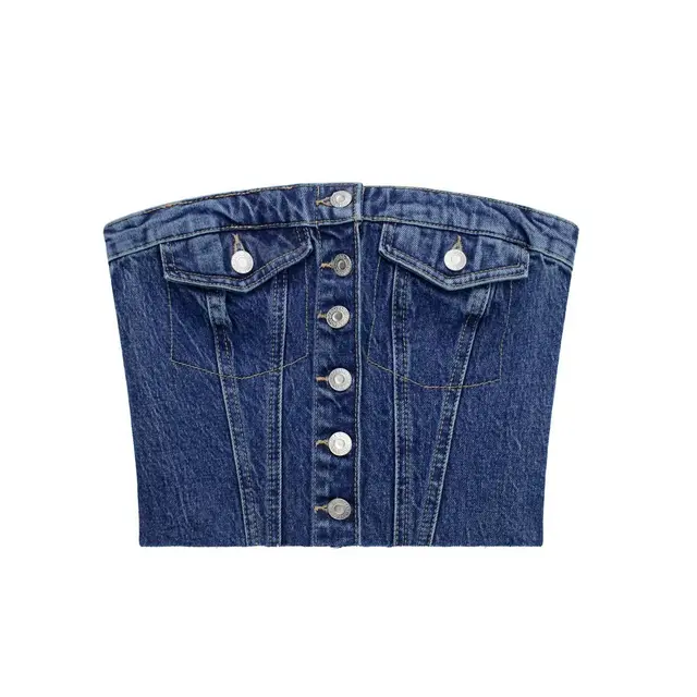 Women's Tube Top Button Denim Vest Dark Blue - Shop at LoveMi