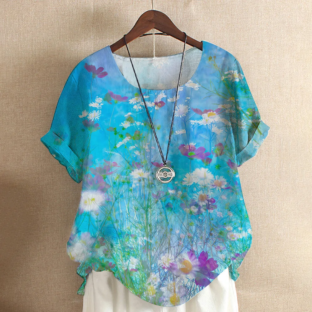 Short sleeved T shirt Flower And Plant Painting Printed Women's Loose Top J28Tr1Gd23201Cx - Shop at LoveMi