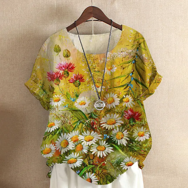 Short sleeved T shirt Flower And Plant Painting Printed Women's Loose Top J28Tr1Gd23201Cz - Shop at LoveMi