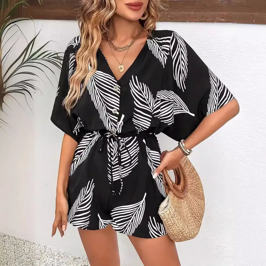 Button V-neck Lace-up Fashion Jumpsuit - Flower Color 2 - View 1