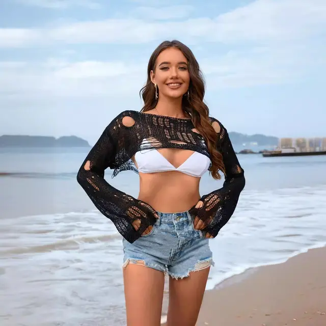 Beach Cover up Solid Color Ultra Short Bell Sleeve Black - Shop at LoveMi