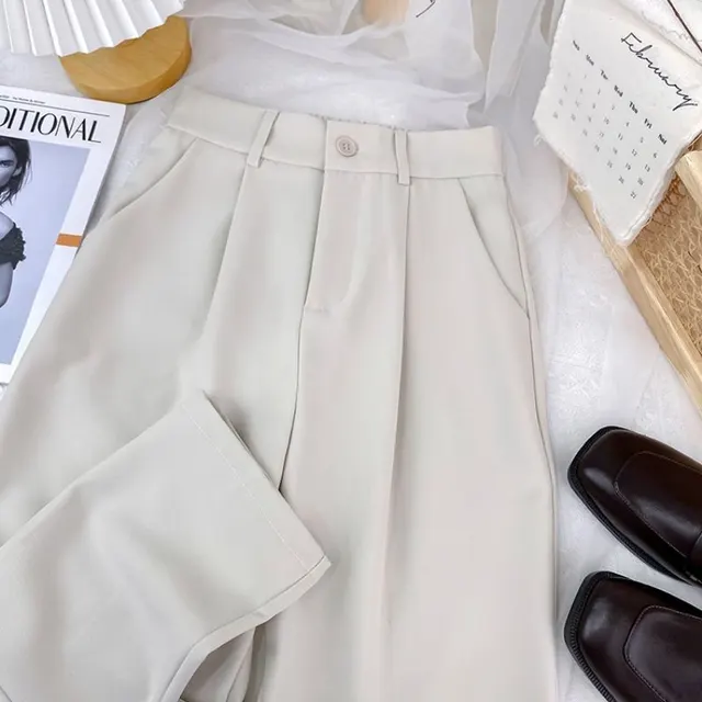 High Waist Slimming Casual Loose Vertical Cuffless Pants Apricot - Shop at LoveMi