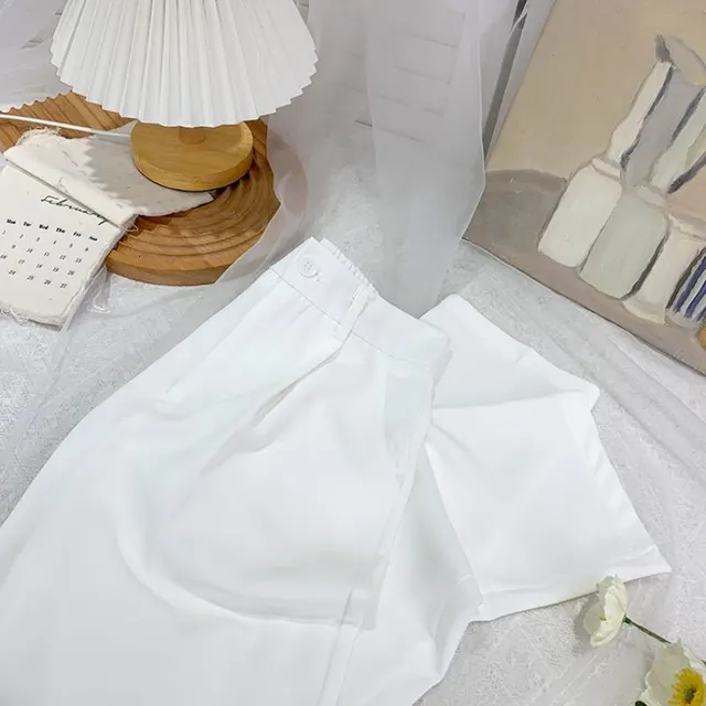 High Waist Slimming Casual Loose Vertical Cuffless Pants White - Shop at LoveMi