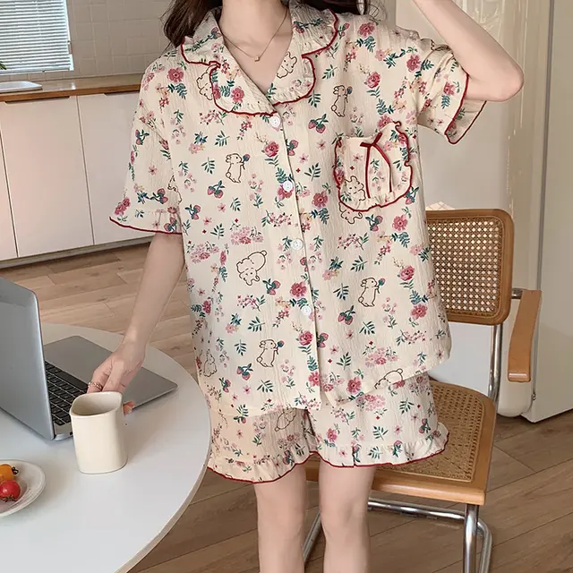Summer Short Sleeve Shorts Korean Style Two piece Rabbit Pattern Combination Pajamas Snx6150 - Shop at LoveMi