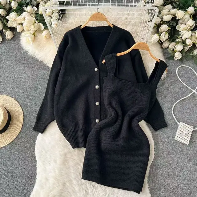 All match Sweater With Suspenders Dress Knit Two piece Suit Black - Shop at LoveMi