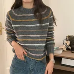 Colorful Striped Soft Glutinous Knitted Round Neck Pullover All-matching Long Sleeve Sweater - Gray