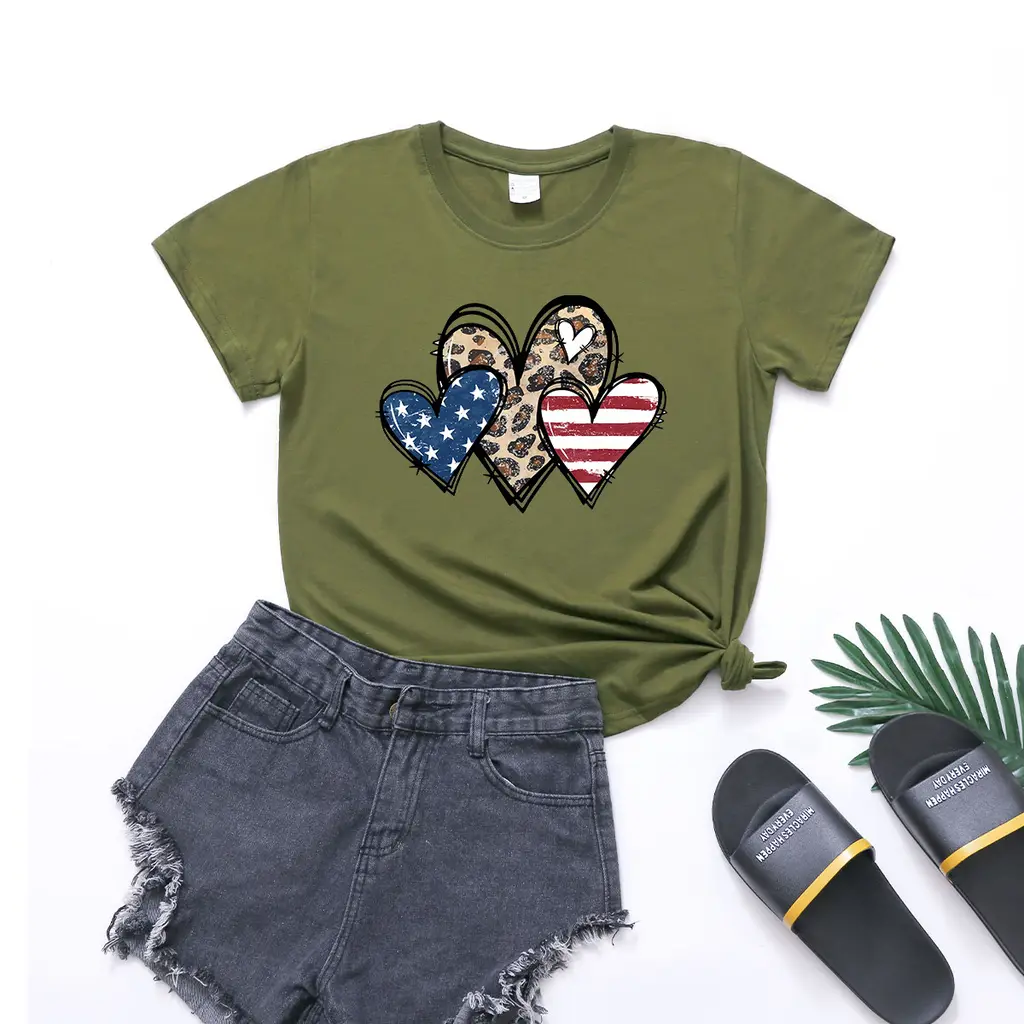 Women's Star Stripes Leopard Print American Independence Day Flag Printed Round Neck Short Sleeve - Army Green
