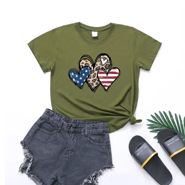 Women's Star Stripes Leopard Print American Independence Day Flag Printed Round Neck Short Sleeve Army Green - Shop at LoveMi