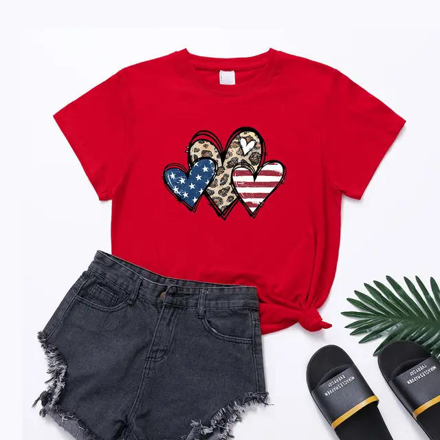 Women's Star Stripes Leopard Print American Independence Day Flag Printed Round Neck Short Sleeve Red - Shop at LoveMi