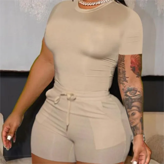 Come To Picture A Chalk Printed Women's Solid Color Casual Belt Drawstring Shorts Two piece Set Khaki - Shop at LoveMi