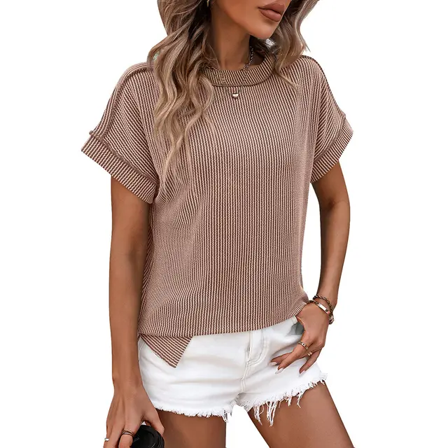 Round Neck Outside Seam Twist Strip Short Sleeve Loose Khaki - Shop at LoveMi