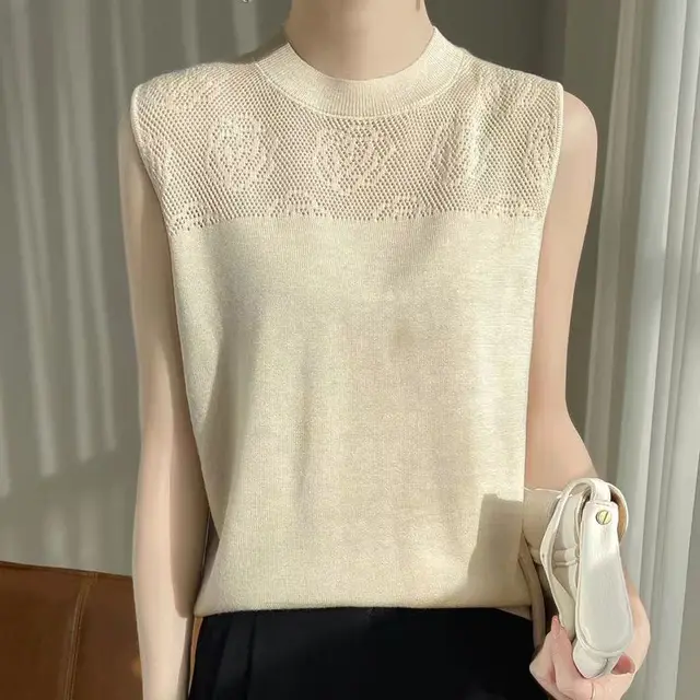 Women's Summer Round Neck Ice Silk Sweater Vest Beige - Shop at LoveMi