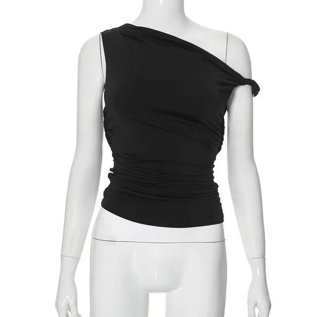 Women's Summer Solid Color Shoulder Diagonal Collar Peplum Top Black - Shop at LoveMi