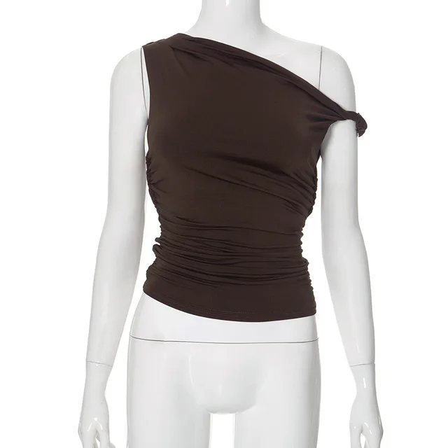 Women's Summer Solid Color Shoulder Diagonal Collar Peplum Top Brown - Shop at LoveMi