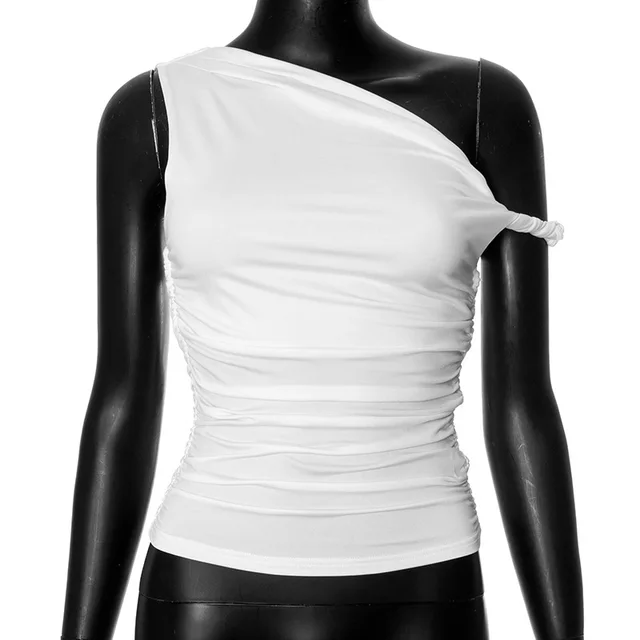 Women's Summer Solid Color Shoulder Diagonal Collar Peplum Top White - Shop at LoveMi