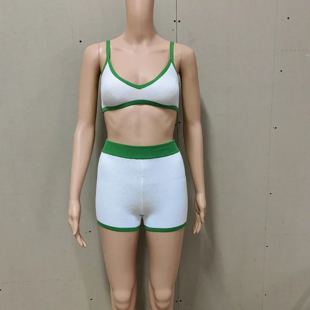 Summer Women's Contrast Color Suspender Top Shorts Knitting Suit Beige Green - Shop at LoveMi