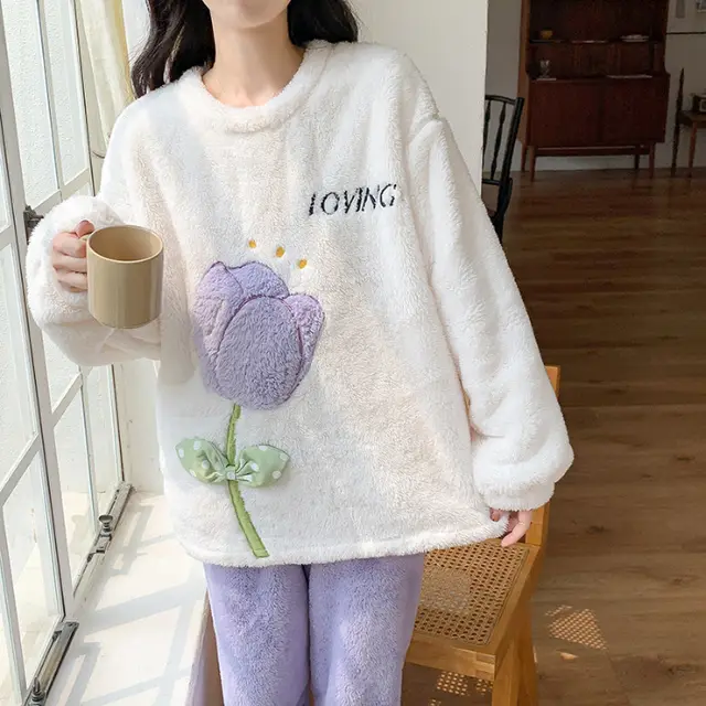 Flannel Pajamas Female Sweet Girl Crew Neck Casual Student Thickened Warm Can Be Outerwear Homewear 4856Style - Shop at LoveMi