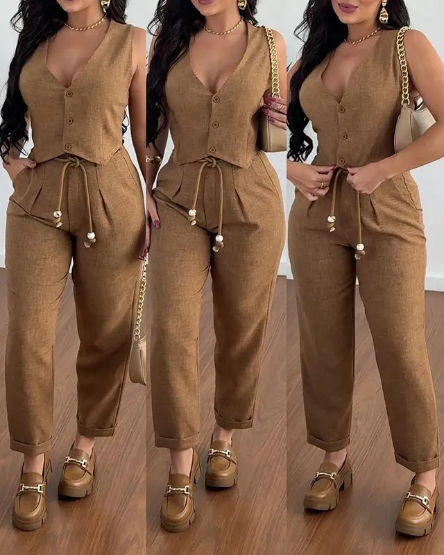 European And American Dark Blue Sleeveless Short Vest Suit Waist Tied Slim Fit Cropped Trousers Brown - Shop at LoveMi