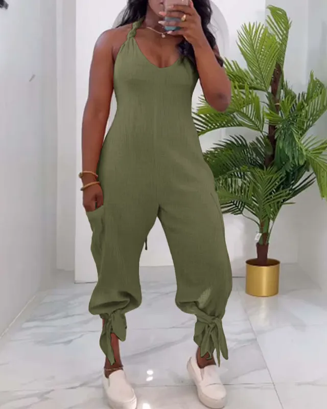 Casual Backless Halter Lace up Casual Patch Pocket Bundle Foot Strap Jumpsuit Army Green - Shop at LoveMi