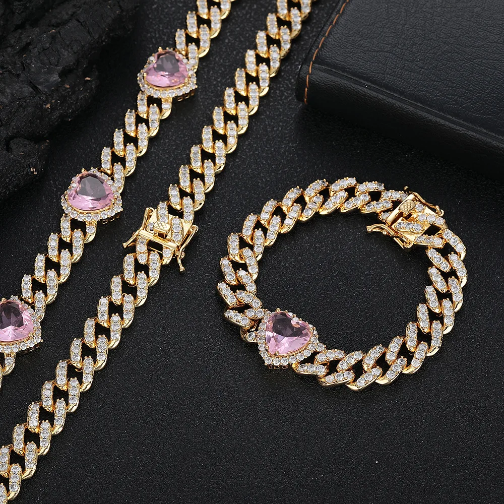 Love Pink Zircon Cuban Link Chain Women's Necklace Gold Powder Zirconium - Shop at LoveMi