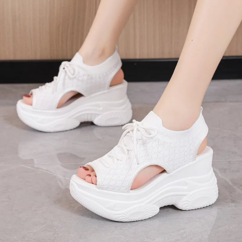 Women's Platform High heeled Flyknit Wedge Platform Sports Sandals White - Shop at LoveMi