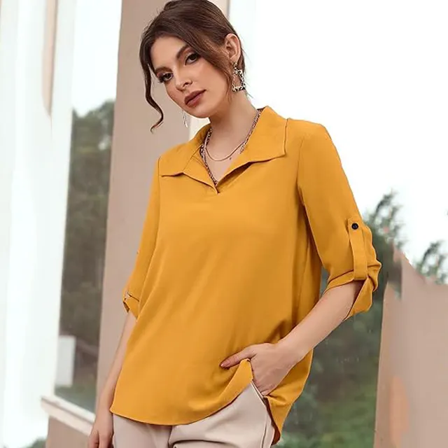 Polo Collar Casual Loose Three quarter Sleeve Top Yellow - Shop at LoveMi