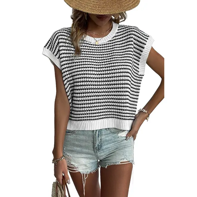 Women's Summer Stripes Patchwork Knitting Vest Top Black - Shop at LoveMi