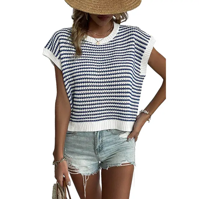 Women's Summer Stripes Patchwork Knitting Vest Top Dark Blue - Shop at LoveMi