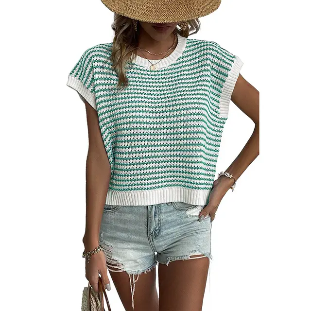 Women's Summer Stripes Patchwork Knitting Vest Top Green - Shop at LoveMi