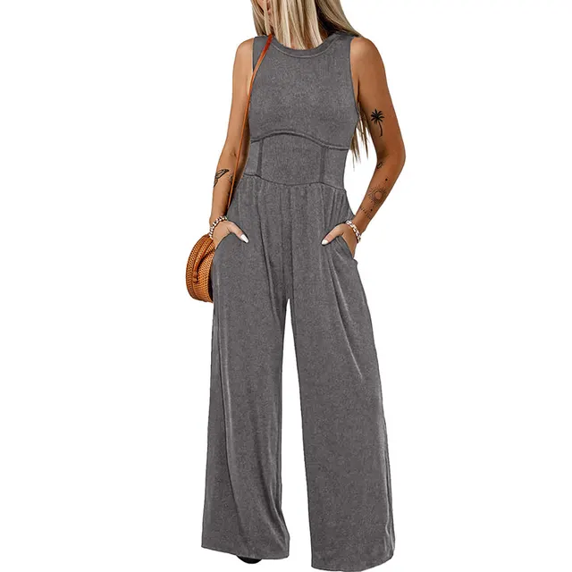 Summer Casual Loose Slim Fit Wide Leg Trousers Women Sleeveless Vest Jumpsuit Women Gray - Shop at LoveMi