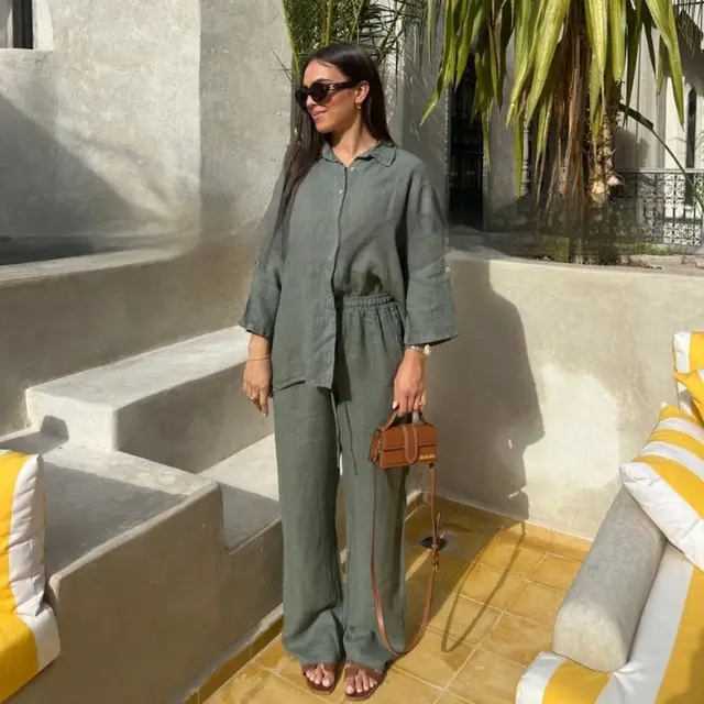 Cotton And Linen Casual And Comfortable Suit Army Green - Shop at LoveMi