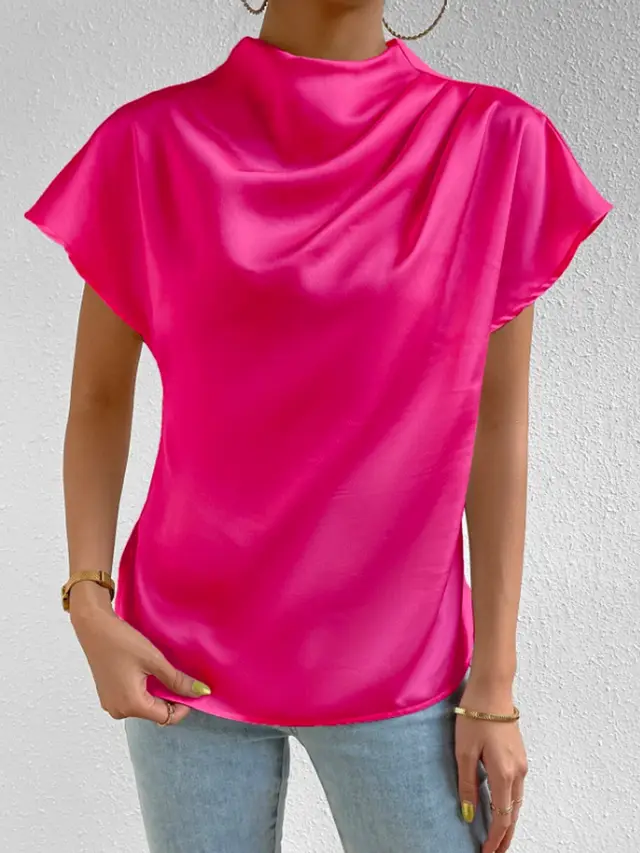 European And American Round Neck Solid Color Temperament Folding Loose Women's Tops Rose Red - Shop at LoveMi