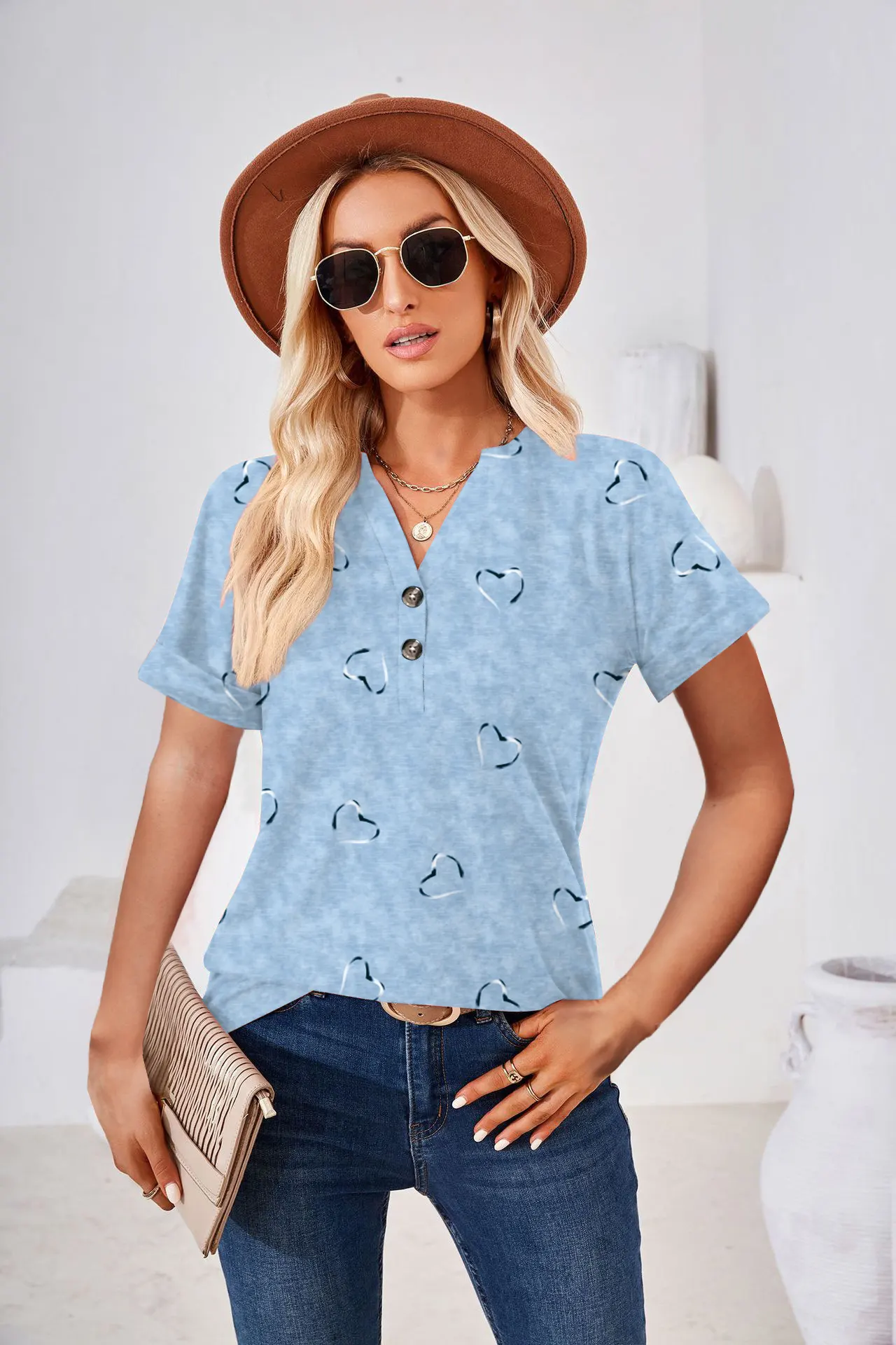 Women's Fashion Casual Printing Button V-neck T-shirt - Sky Blue
